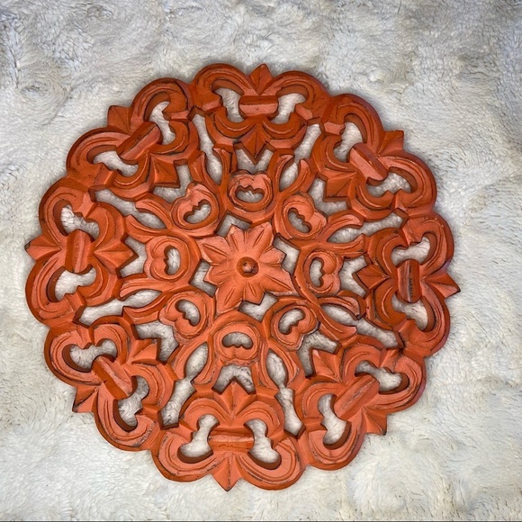Peach Orange Wooden Carved Circular Wall Decor - Picture 3 of 5